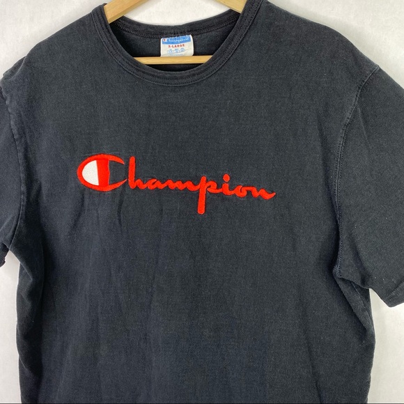 Champion T Shirt Men’s XL Black Short Sleeve Red VTG Style Embroidered Spellout - Picture 2 of 5